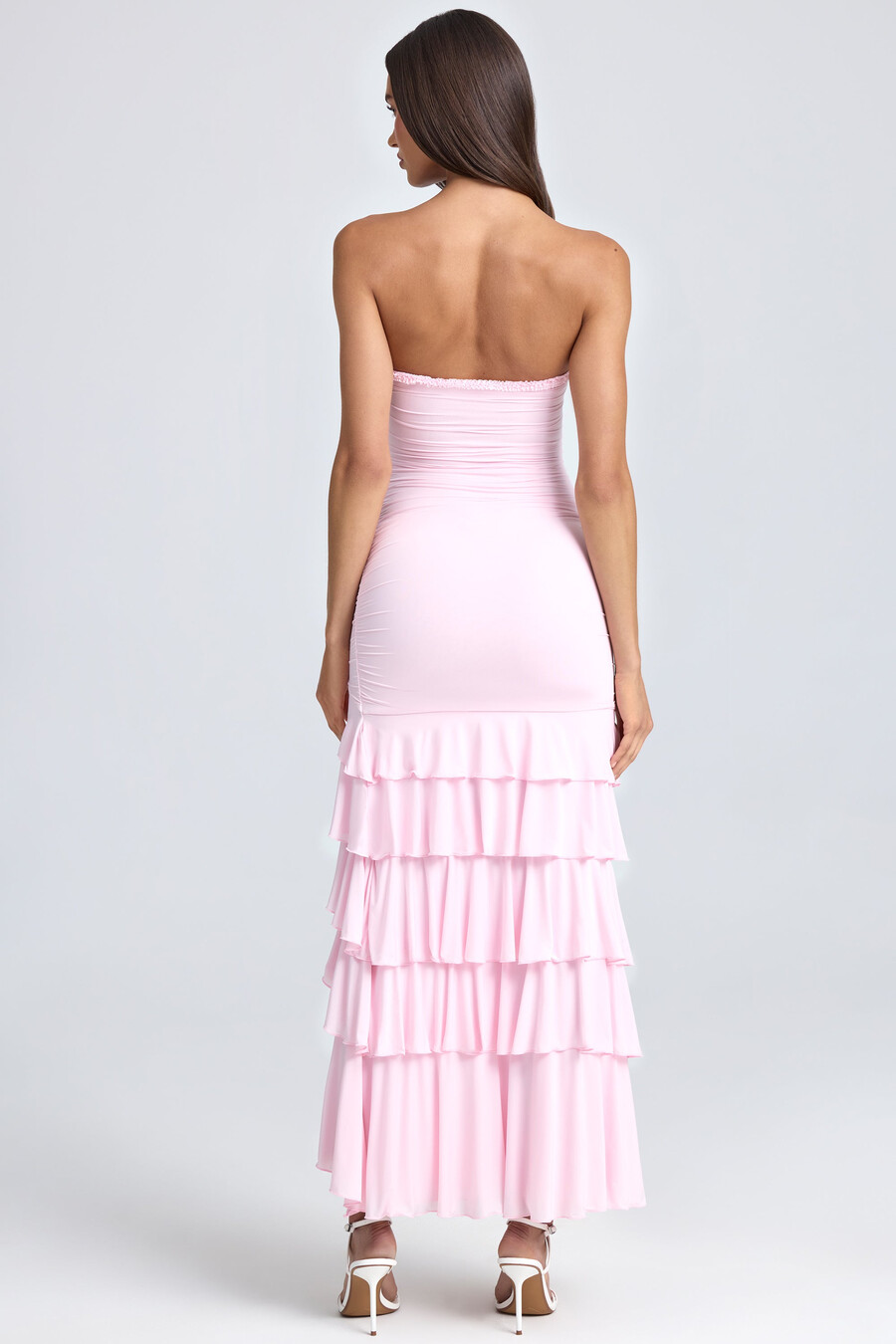 bandeau maxi haljina s naborima i obrubom u rumenilo