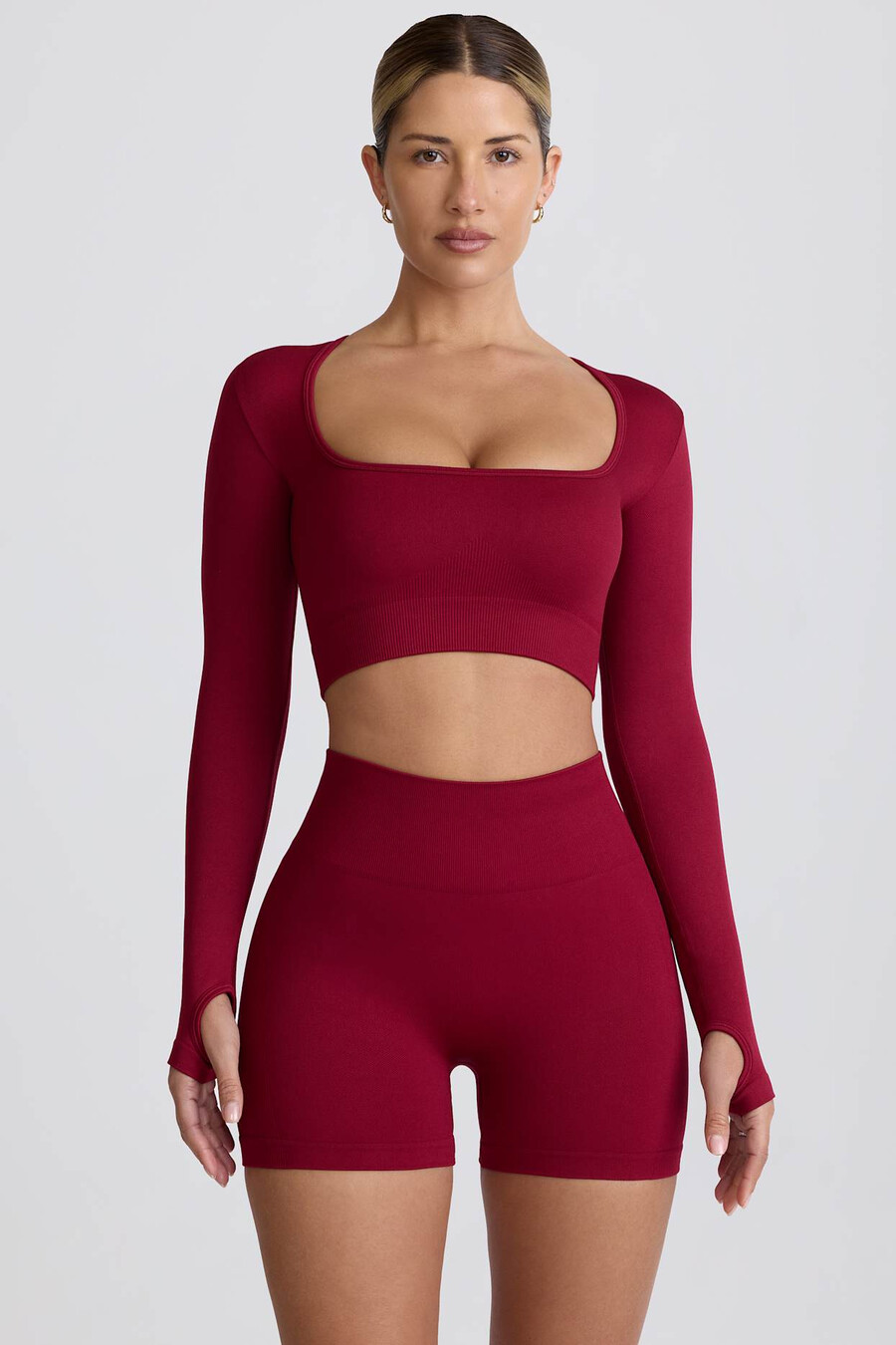 super sculpt bešavni kratki top dugih rukava u bordo boji