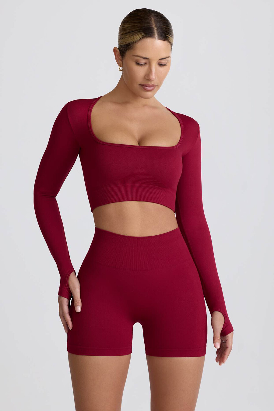 super sculpt bešavni kratki top dugih rukava u bordo boji