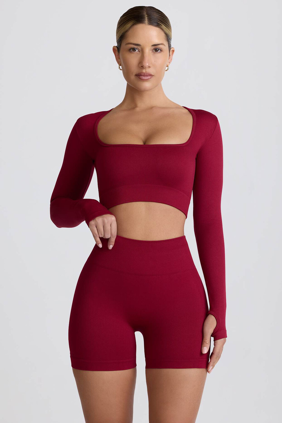 super sculpt bešavni kratki top dugih rukava u bordo boji