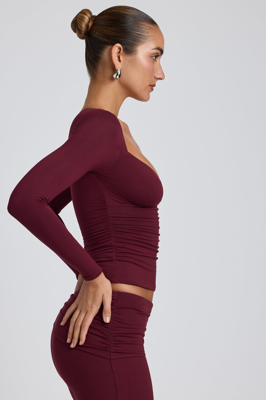 tencel modalni top dugih rukava s naborima u boji šljive